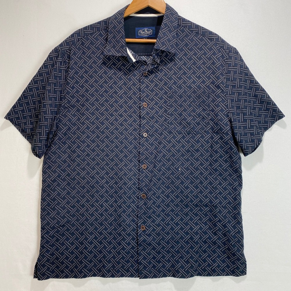 Nat Nast Mens Large Silk Cotton Geometric Print Short Sleeve Button Up Shirt - Picture 1 of 6